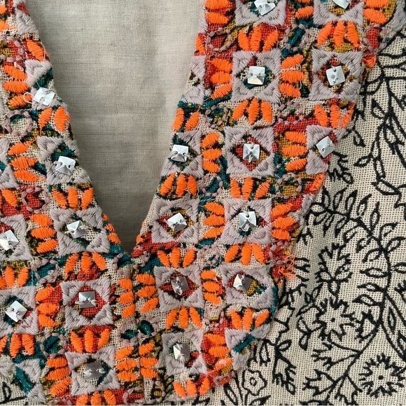 Lucky Dashiki Shift Dress V-Neck 3/4 Sleeves Embroidered Beaded Boho Sz S - Picture 5 of 11